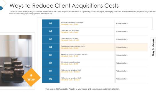 Customer Attainment Price To Gain New Clients Ways To Reduce Client Acquisitions Costs Clipart PDF