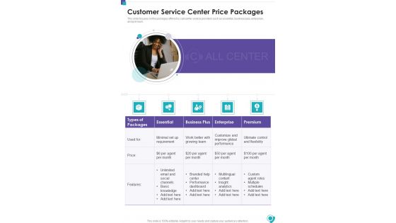 Customer Service Center Price Packages One Pager Sample Example Document