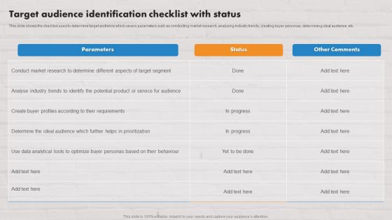 Customer Service Plan To Improve Sales Target Audience Identification Checklist With Status Ideas PDF