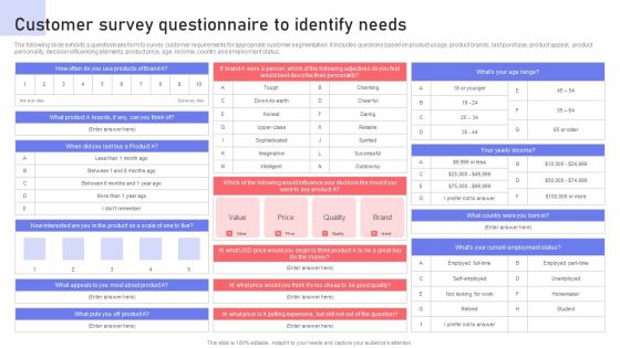 Customer Survey Questionnaire To Identify Needs Ppt PowerPoint Presentation File Model PDF