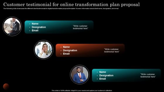 Customer Testimonial For Online Transformation Plan Proposal Background PDF