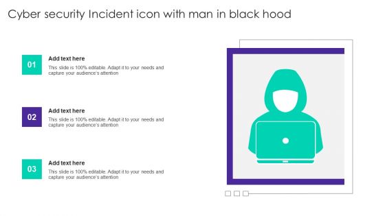 Cyber Security Incident Icon With Man In Black Hood Ppt Inspiration Images PDF