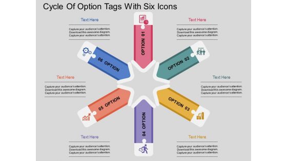 Cycle Of Option Tags With Six Icons Powerpoint Template