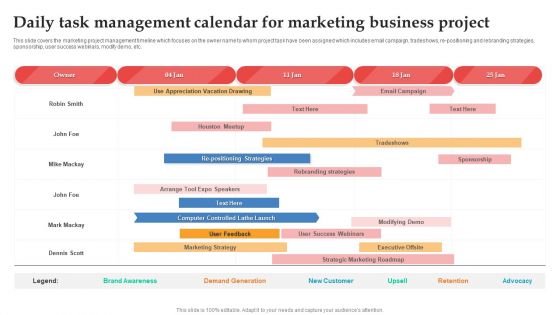Daily Task Management Calendar For Marketing Business Project Ppt Professional Pictures PDF