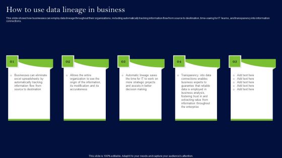 Data Lineage Methods How To Use Data Lineage In Business Summary PDF