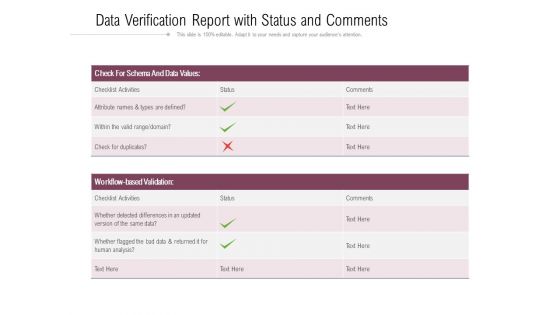 Data Verification Report With Status And Comments Ppt PowerPoint Presentation Gallery Designs Download PDF
