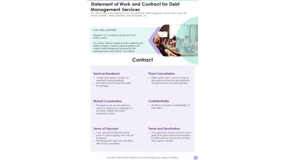 Debt Management Process Statement Of Work And Contract For Debt Management Services One Pager Sample Example Document