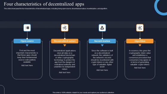 Decentralization App Development Four Characteristics Of Decentralized Apps Infographics PDF Decentralization App Development Four Characteristics Of Decentralized Apps Infographics PDF