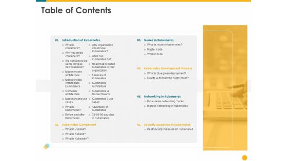 Deploying Docker Container And Kubernetes Within Organization Table Of Contents Ppt PowerPoint Presentation Infographic Template Aids PDF