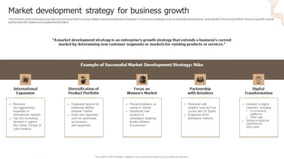 Designing Strategies For Company Growth And Success Market Development Strategy For Business Growth Brochure PDF