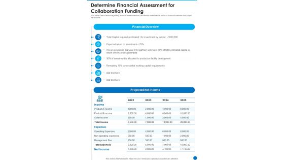 Determine Financial Assessment For Collaboration Funding One Pager Sample Example Document