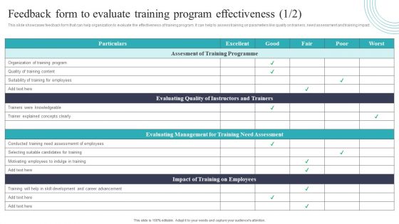 Developing And Executing On Job Coaching Program In Company Feedback Form To Evaluate Training Inspiration PDF