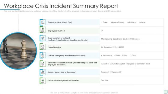 Developing Firm Security Strategy Plan Workplace Crisis Incident Summary Report Professional PDF