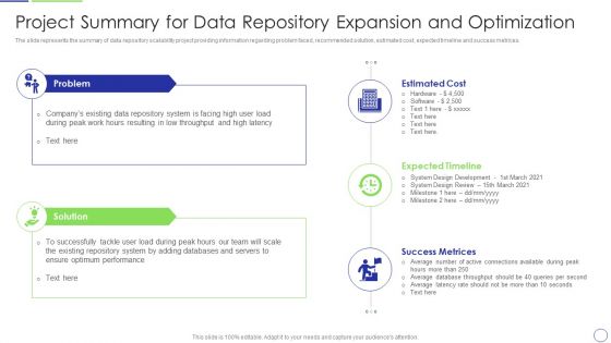 Developing Organization Primary Data Storage Action Plan Project Summary For Data Repository Expansion Rules PDF