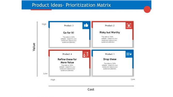 Developing Product Planning Strategies Product Ideas Prioritization Matrix Ppt PowerPoint Presentation Show Elements PDF