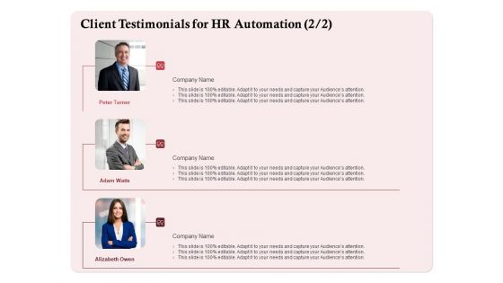 Development And Implementation Client Testimonials For HR Automation Planning Infographics PDF