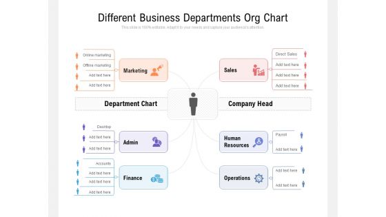 Different Business Departments Org Chart Ppt PowerPoint Presentation Icon Topics PDF