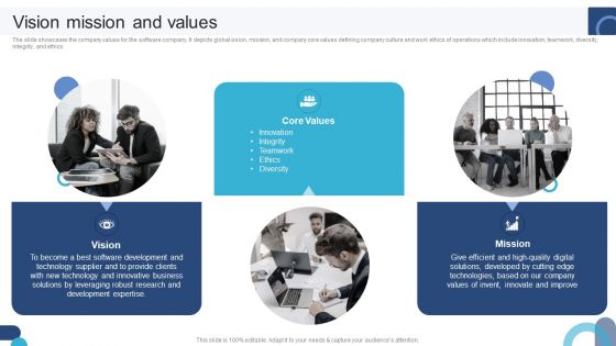 Digital Application Software Development Business Profile Vision Mission And Values Structure PDF