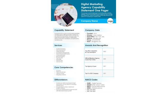 Digital Marketing Agency Capability Statement One Pager PDF Document PPT Template Digital Marketing Agency Capability Statement One Pager PDF Document PPT Template