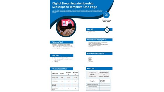 Digital Streaming Membership Subscription Template One Page PDF Document PPT Template
