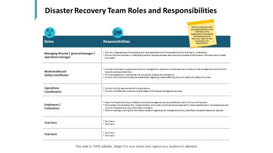Disaster Recovery Team Roles And Responsibilities Ppt PowerPoint Presentation File Slide Portrait