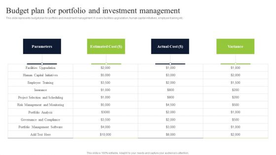 Diversified Profitable Portfolio Budget Plan For Portfolio And Investment Management Professional PDF