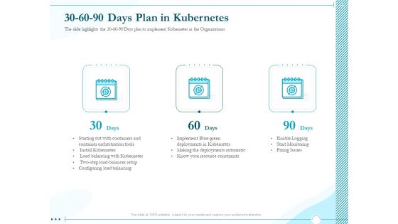 Driving Digital Transformation Through Kubernetes And Containers 30 60 90 Days Plan In Kubernetes Template PDF