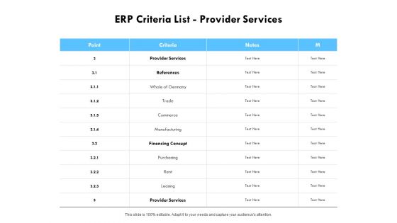 ERP Criteria List Provider Services Ppt PowerPoint Presentation Show Clipart Images