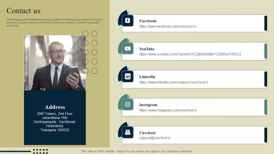 E Learning Platform Company Outline Contact Us Icons PDF