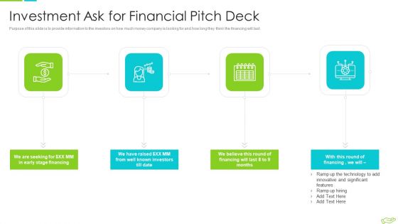 Elevator Pitch Deck To Raise Funds Investment Ask For Financial Pitch Deck Ideas PDF