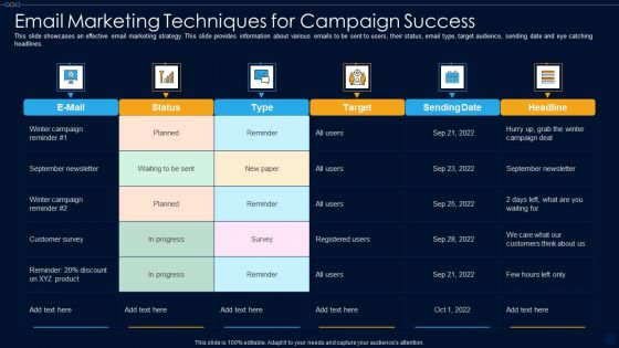 Email Marketing Techniques For Campaign Success Ppt PowerPoint Presentation File Images PDF