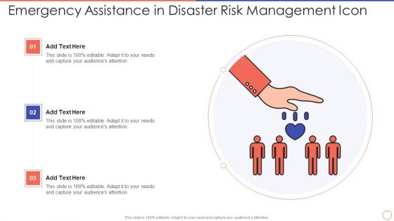 Emergency Assistance In Disaster Risk Management Icon Diagrams PDF