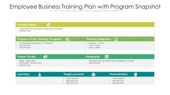 Employee Business Training Plan With Program Snapshot Ppt PowerPoint Presentation Infographics Graphic Images PDF