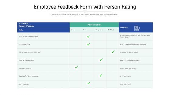 Employee Feedback Form With Person Rating Ppt PowerPoint Presentation File Example PDF