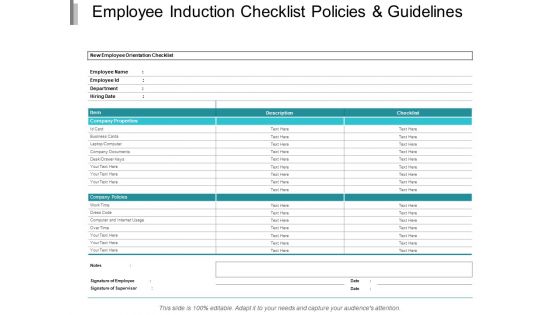 Employee Induction Checklist Policies And Guidelines Ppt PowerPoint Presentation Ideas Aids