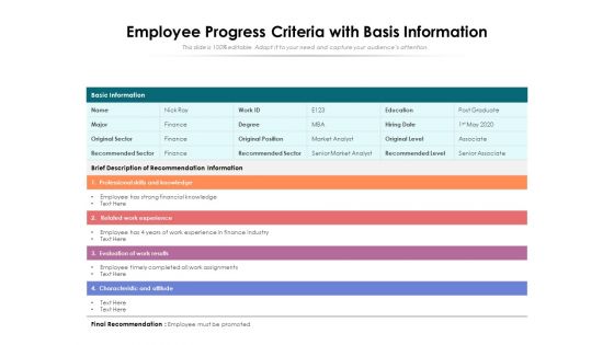 Employee Progress Criteria With Basis Information Ppt PowerPoint Presentation Gallery Example PDF
