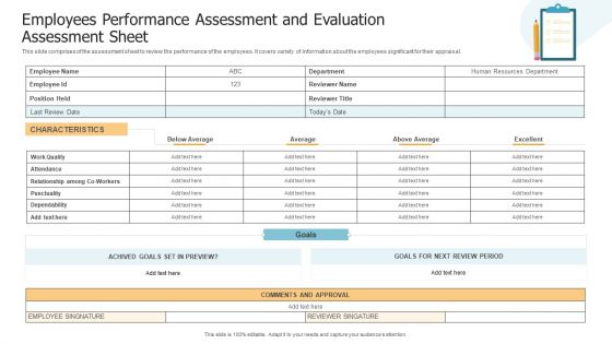 Employees Performance Assessment And Evaluation Assessment Sheet Ideas PDF