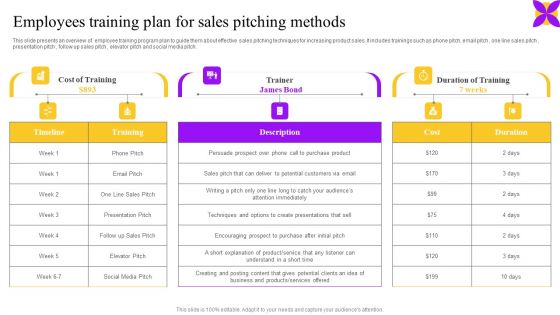 Employees Training Plan For Sales Pitching Methods Ppt Ideas Example Topics PDF