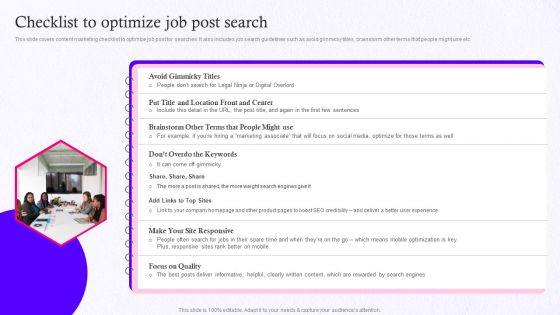 Employer Brand Marketing On Social Media Platform Checklist To Optimize Job Post Search Information PDF