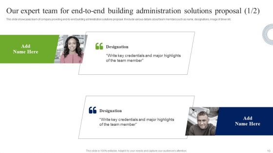 End To End Building Administration Solutions Proposal Ppt PowerPoint Presentation Complete Deck With Slides