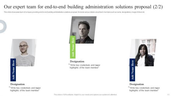 End To End Building Administration Solutions Proposal Ppt PowerPoint Presentation Complete Deck With Slides
