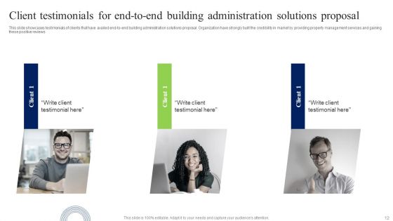 End To End Building Administration Solutions Proposal Ppt PowerPoint Presentation Complete Deck With Slides