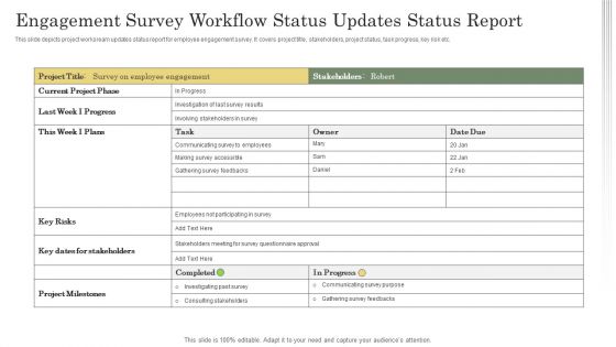 Engagement Survey Workflow Status Updates Status Report Ppt Model Example PDF Engagement Survey Workflow Status Updates Status Report Ppt Model Example PDF