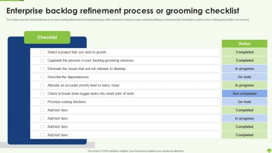 Enterprise Backlog Refinement Process Or Grooming Checklist Ppt Inspiration Clipart PDF