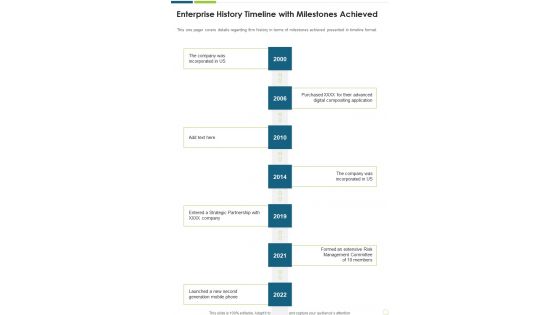 Enterprise History Timeline With Milestones Achieved One Pager Documents