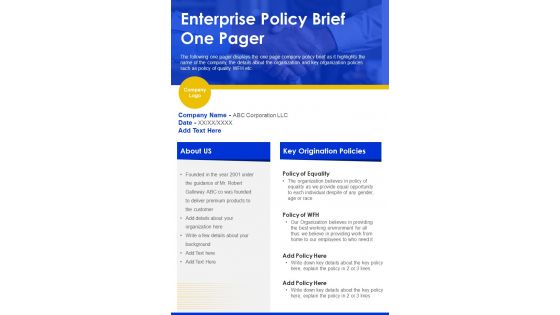 Enterprise Policy Brief One Pager PDF Document PPT Template