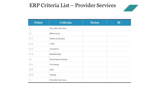 Erp Criteria List Provider Services Ppt PowerPoint Presentation Infographics Graphics Design