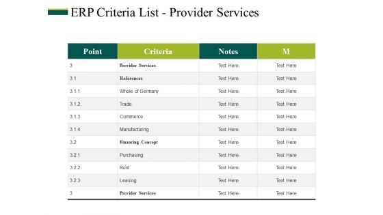 Erp Criteria List Provider Services Ppt PowerPoint Presentation Portfolio Inspiration