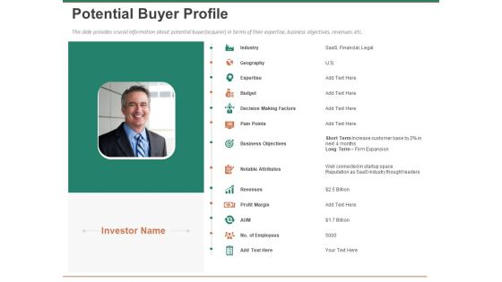 Escape Plan Venture Capitalist Potential Buyer Profile Ppt Slides Design Templates PDF