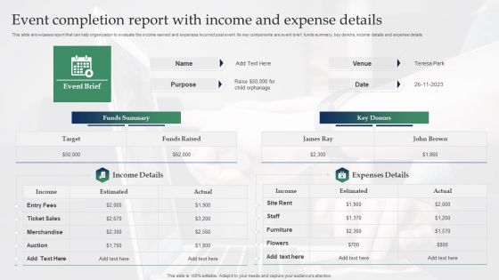 Event Completion Report With Income And Expense Details Pictures PDF